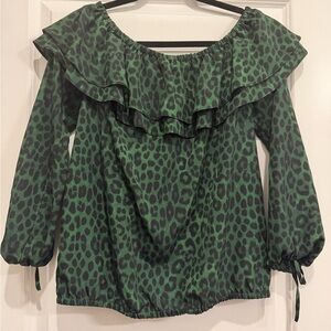 Michael Kors Green Leopard Print Ruffle Blouse